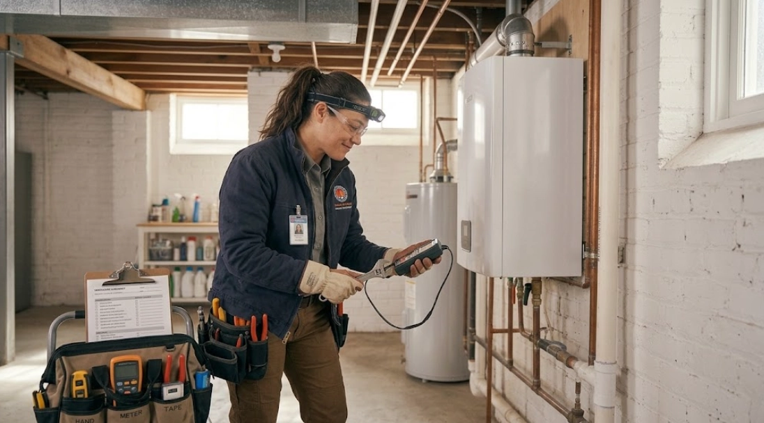 Heating technician inspecting and servicing a wall-mounted high-efficiency boiler.